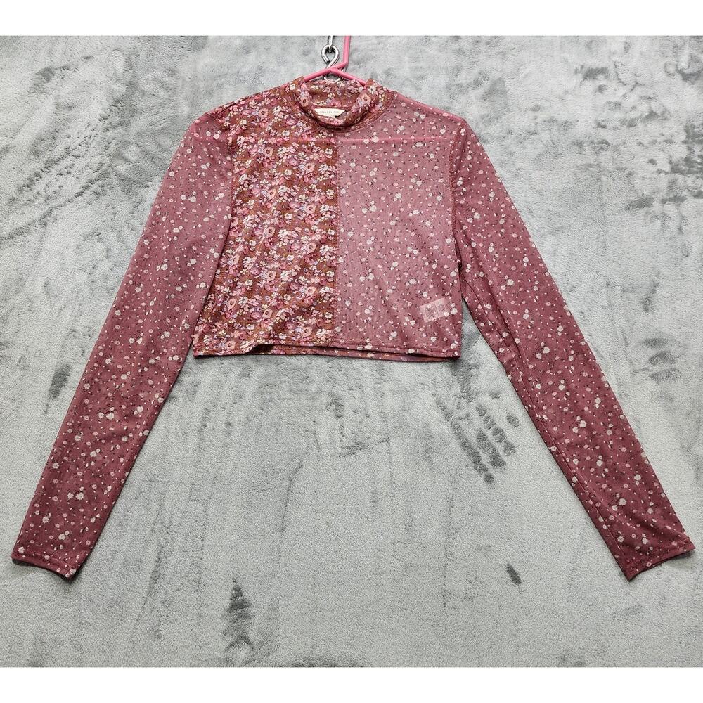 Aeropostale Top Womens XL Pink Floral Long Sleeve Spliced Mesh Mock-Neck Crop